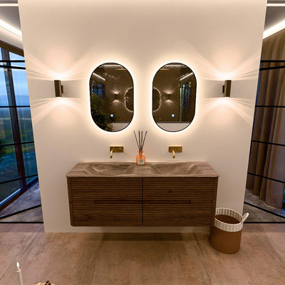 Mondiaz CIRO-DLUX Ensemble de meuble de salle de bains - 140x45x50cm - plan-vasque Solid surface Oza - 2 vasques Double - sans trous de robinetterie - 4 tiroirs - Dusk