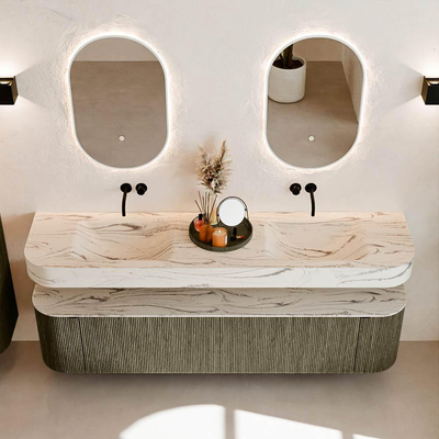 MONDIAZ THOR-DLUX Meuble de salle de bains 190cm arrondi gauche + droite couleur Shadow avec 2 tiroirs et 2 portes. Vasque suspendue CLOUD Double sans trou de robinet couleur Nata.