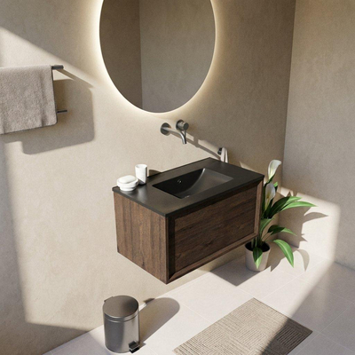 Saniclass Holz Frame Ensemble de meuble de salle de bains - 80x45x42cm - lavabo Vygo en céramique noir - 1 vasque - sans trou de robinet - 1 tiroir - chêne charcoal mat (bois)