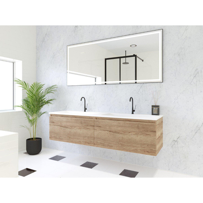HR Matrix ensemble meuble de salle de bain 3d 160cm 2 tiroirs sans poignée avec bandeau couleur chêne français avec vasque fine 2 trous de robinetterie blanc mat