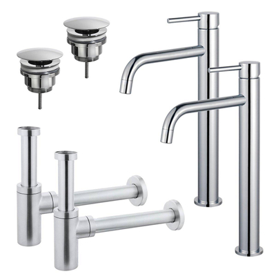 FortiFura Calvi Kit robinet lavabo - pour double vasque - robinet rehaussé - bonde non-obturable - siphon design - Chrome brillant