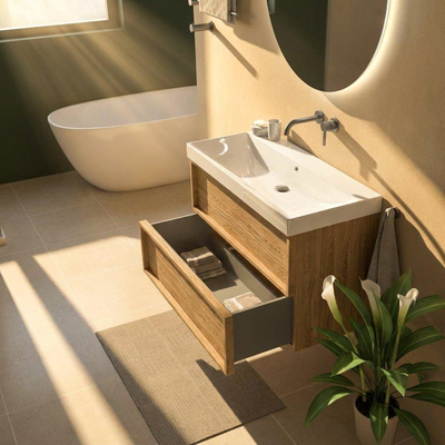 Saniclass Holz Frame Ensemble meuble de salle de bains - 100x45x67.5cm - Wave lavabo en céramique - 1 vasque - sans trou de robinet - 2 tiroirs - chêne natural mat (bois)