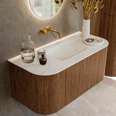 MONDIAZ KURVE-DLUX 100cm Meuble salle de bain avec module 25 G et D - couleur Walnut - 1 tiroir - 2 portes - vasque GRUNNE centre - sans trou de robinet - couleur Opalo