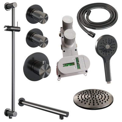 BRAUER Gunmetal Carving inbouw regendoucheset – Ø20 cm hoofddouche – 40 cm rechte wandarm – ronde handdouche – glijstang 70 cm
