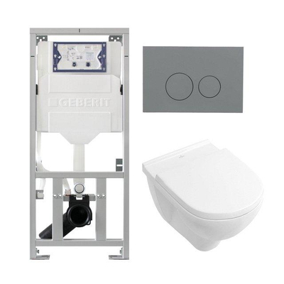 Villeroy Boch Subway 2.0 DirectFlush Pack WC suspendu - bâti-support Geberit - abattant softclose - plaque de commande QeramiQ gris clair - boutons ronds - blanc