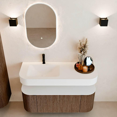 MONDIAZ THOR 120cm meuble de salle de bains arrondi gauche + droite couleur Walnut avec 1 tiroir et 2 portes. Vasque suspendue CLOUD gauche 1 trou de robinet couleur Talc.