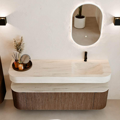MONDIAZ THOR-DLUX 160cm badmeubel ronding links + rechts kleur Walnut met 1 lade en 2 deuren. Vrijhangende wastafel CLOUD Rechts 1 kraangat kleur Meli.