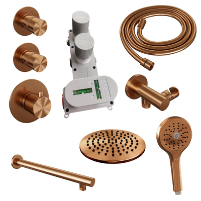 Brauer Copper Edition Ensemble de douche pluie encastré - douche principale 20cm - 3 boutons lisses - bras mural droit - douchette ronde 3 positions - PVD - cuivre brossé