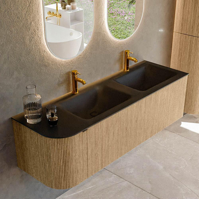 MONDIAZ KURVE 145cm badmeubel met module 25 L kleur Oak met 1 lade en 1 deur. Wastafel CLOUD dubbel / rechts 2 kraangaten Urban.