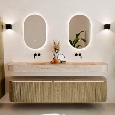 MONDIAZ THOR-DLUX 190cm meuble de salle de bains arrondi gauche + droite couleur Dusk avec 2 tiroirs et 2 portes. Vasque suspendue CLOUD Double sans trou de robinet couleur Saba.