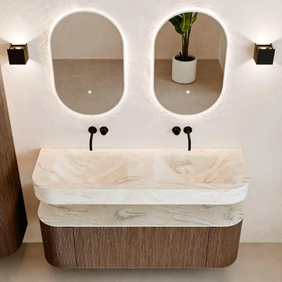 MONDIAZ THOR-DLUX 140cm badmeubel ronding links + rechts kleur Walnut met 1 lade en 2 deuren. Vrijhangende wastafel CLOUD Dubbel zonder kraangat kleur Ostra.