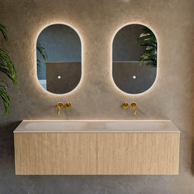 MONDIAZ KURVE-DLUX 150cm badmeubel kleur Oak met 2 lades en 0 deuren. Wastafel STOR SMALL Dubbel zonder kraangat Meli.