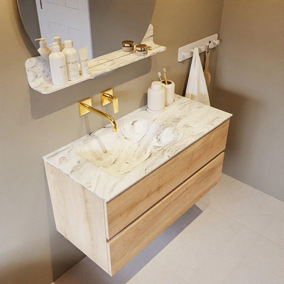 Mondiaz VICA-DLUX Ensemble de meuble de salle de bain - 100cm - meuble sous-vasque chêne blanchi - 2 tiroirs - lavabo encastré cloud gauche - sans trous de robinet - version haute de 60cm - glace