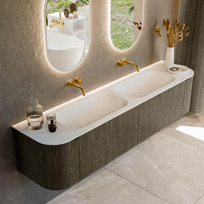 Mondiaz KURVE Ensemble de meuble de salle de bains - 190x46x40cm - 2 tiroirs - 2 portes - lavabo solid surface - double - sans trou de robinet - Shadow