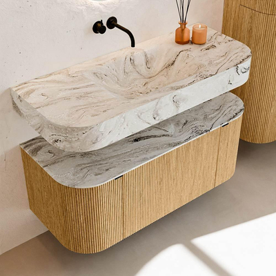MONDIAZ THOR-DLUX 110cm badmeubel ronding links + rechts kleur Oak met 1 lade en 2 deuren. Vrijhangende wastafel CLOUD Midden zonder kraangat kleur Glace.
