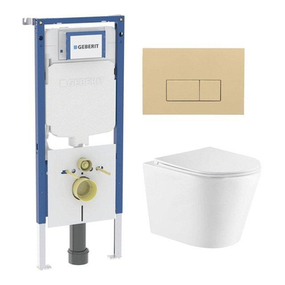 QeramiQ Dely Pack WC - 36,3x51,7cm - à fond creux - sans bride - réservoir encastré Geberit UP720 - abattant WC softclose 35 mm - plaque de déclenchement en laiton brossé - boutons ronds - beige mat