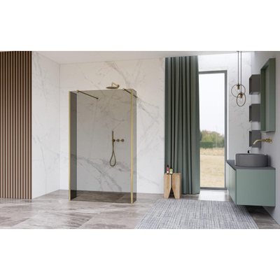 FugaFlow Eccelente Vetro Douche à l'italienne - 110x200cm - verre fumé - anticalcaire - verre de sécurité 8mm - 2 parois latérales 40cm - avec bras muraux et profilés d'angle - Laiton brossé (doré)
