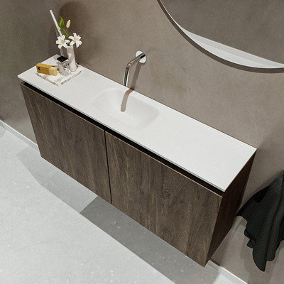 MONDIAZ TURE Toiletmeubel 100x23x50cm met 0 kraangaten 2 deuren dark brown mat Wastafel Eden midden Solid Surface Wit