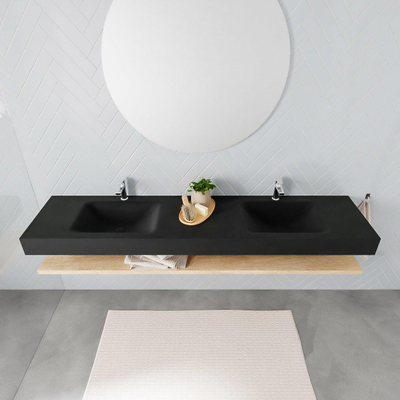 MONDIAZ ALAN 200cm - Ensemble meuble de salle de bains - tablette - chêne blanchi - lavabo suspendu - 2 vasques - 2 trous de robinet - urban