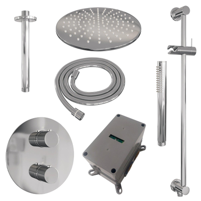 BRAUER Chrome Carving douche de pluie encastrée thermostatique - 3 voies - ronde - set 90 - pomme de douche 30cm - bras de plafond - douchette barre - flexible de douche - barre de douche intégrée - chrome