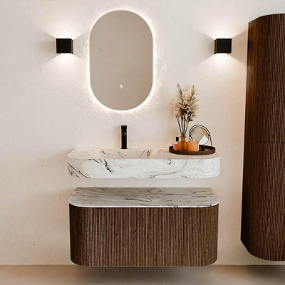 MONDIAZ THOR-DLUX Meuble de salle de bains - 100cm - arrondi gauche + droite - couleur Walnut - 1 tiroir - 2 portes - Vasque suspendue CLOUD Gauche 1 trou de robinet - couleur Glace