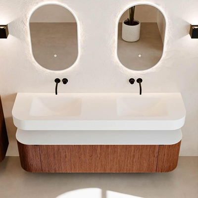 MONDIAZ THOR Meuble de salle de bains - 170cm - arrondi gauche + droite - couleur Ruby - 1 tiroir et 2 portes - Vasque suspendue CLOUD Double sans trou de robinet - couleur Talc