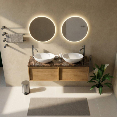 Saniclass Holz Frame Ensemble de meubles de salle de bains - 140x45x43cm - Plan en pierre naturelle Noche dark emperador - 2 trous de robinet - 2 tiroirs - chêne natural mat (bois)