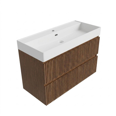 Saniclass Holz Atelier Badkamermeubelset - 100x45x72cm - Legend keramische wastafel mat wit - 1 wasbak - zonder kraangat - 2 lades - mat walnut pure (hout)