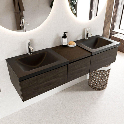 MONDIAZ BUKLA 160cm badmeubel met module 40 kleur Dark Brown met 3 lades. Wastafel CLOUD dubbel 2 kraangaten kleur Urban.