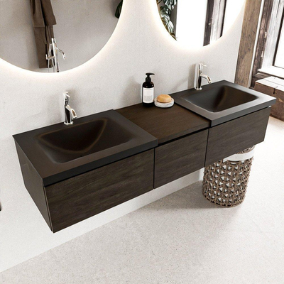 Mondiaz BUKLA badkamermeubelset 160x45x34cm 2 kraangaten 2 wasbakken solid surface Urban greeploos 3 lades met softclose Melamine Dark brown