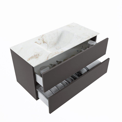 Mondiaz VICA-DLUX ensemble de meuble de salle de bain - 100cm - meuble sous-vasque gris foncé - 2 tiroirs - lavabo encastré cloud milieu - sans trous de robinet - version haute de 60cm - frape