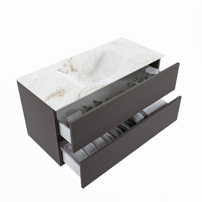 MONDIAZ VICA-DLUX Ensemble meuble de salle de bains - 100cm - sous-meuble dark grey - 2 tiroirs - lavabo encastré cloud central - sans trous de robinetterie - version haute 60cm - frape