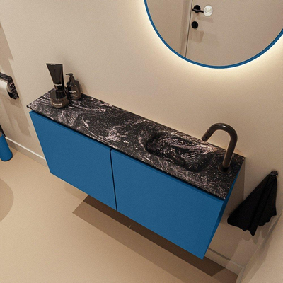 MONDIAZ TURE-DLUX Meuble de WC 100 cm Jeans. Lavabo EDEN Lava position à droite. Avec 1 trou de robinet.