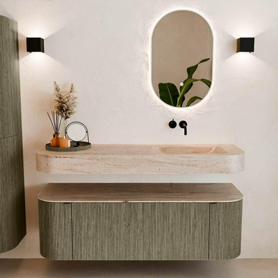 MONDIAZ THOR-DLUX 140cm meuble de salle de bains arrondi gauche + droite couleur Shadow avec 1 tiroir et 2 portes. Vasque suspendue CLOUD Droite sans trou de robinet couleur Saba.