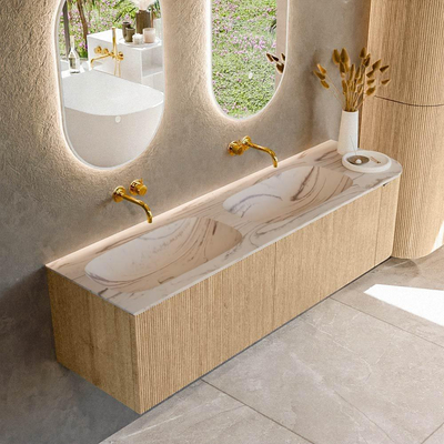 MONDIAZ KURVE-DLUX 165cm meuble de salle de bains arrondi Droite couleur Chêne avec 2 tiroirs et 1 porte. Lavabo STOR SMALL Double / Gauche sans trou de robinet Nata.