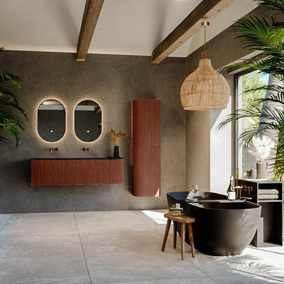 Mondiaz KURVE Ensemble de meuble de salle de bains - 145x46x40cm - 1 tiroir - 1 porte - vasque solid surface - double / gauche - sans trou de robinet - Ruby