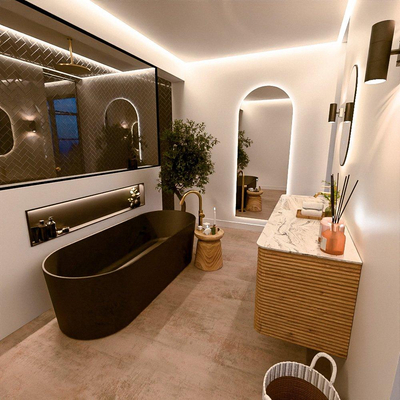 Mondiaz CIRO-DLUX Ensemble meuble de salle de bains - 140x45x50cm - Plan vasque solid surface Glace - 1 vasque à gauche - 1 trou de robinet - 4 tiroirs - Chêne