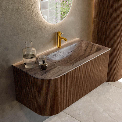 MONDIAZ KURVE-DLUX 95cm badmeubel ronding Links kleur Walnut met 1 lade en 1 deur. Wastafel BIG SMALL Rechts 1 kraangat Oza.