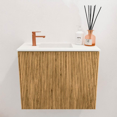 Mondiaz JOYA 50cm toiletmeubel - kleur Oak - Wastafel FAYE positie Links 1 kraangat kleur Talc.