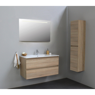 Basic Bella Meuble salle de bains avec lavabo céramique avec miroir et éclairage Blanc 100x55x46cm 1 trou de robinet Chêne