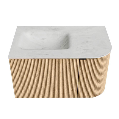 MONDIAZ KURVE-DLUX 75cm badmeubel met module 25 R kleur Oak met 1 lade en 1 deur. Wastafel GRUNNE links 1 kraangat kleur Opalo.