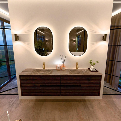 Mondiaz CIRO-DLUX Badkamermeubelset - 180x45x50cm - Solid surface wastafel Oza - 2 wasbak Dubbel - 2 kraangaten - 4 lades - Walnut