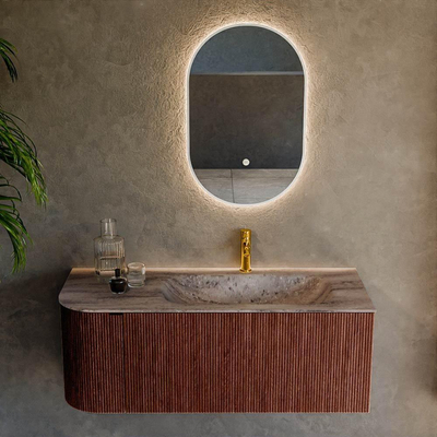 MONDIAZ KURVE-DLUX Meuble de salle de bains 115cm arrondi à gauche couleur Ruby avec 1 tiroir et 1 porte. Lavabo BIG SMALL à droite 1 trou de robinet Oza.