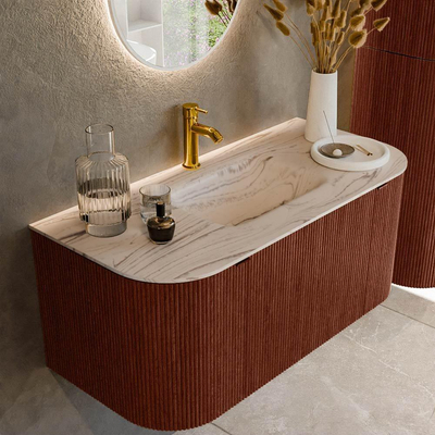 MONDIAZ KURVE-DLUX Meuble de salle de bains 100 cm arrondi Gauche + Droite couleur Ruby avec 1 tiroir et 2 portes. Lavabo GRUNNE Central 1 trou de robinet Nata.