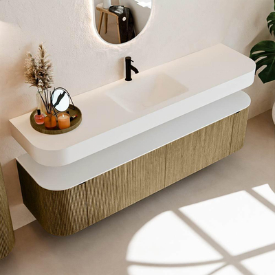 MONDIAZ THOR Meuble de salle de bains 180cm arrondi gauche + droite couleur Dusk avec 2 tiroirs et 2 portes. Vasque suspendue CLOUD Milieu 1 trou de robinet couleur Talc.