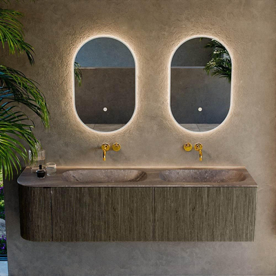 MONDIAZ KURVE-DLUX Meuble de salle de bains 165cm arrondi à gauche couleur Shadow avec 2 tiroirs et 1 porte. Lavabo STOR SMALL Double / à droite sans trou de robinet Oza.