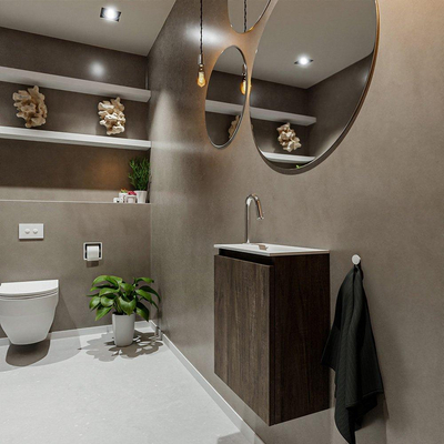 MONDIAZ TURE Kit lave-mains - 40x23x50cm - 1 trou de robinet - 1 porte - marron foncé mat - Lavabo à droite - Solid Surface Blanc