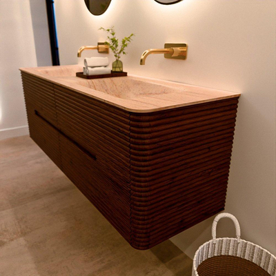 Mondiaz CIRO-DLUX Badkamermeubelset - 150x45x50cm - Solid surface wastafel Saba - 2 wasbak Dubbel - zonder kraangaten - 4 lades - Ruby