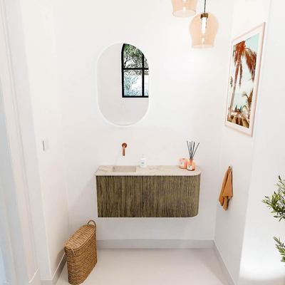 Mondiaz JOYA-DLUX 91.6cm toiletmeubel - ronding rechts kleur Dusk - Wastafel FAYE positie Links Zonder kraangat kleur Frappe.