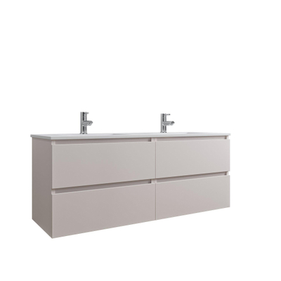 Adema Chaci Badkameronderkast - 140cm - 4 lades - greeploos - wit keramieke wastafel - overloop - 2 wasbakken - 2 kraangaten - mat cotton (beige)